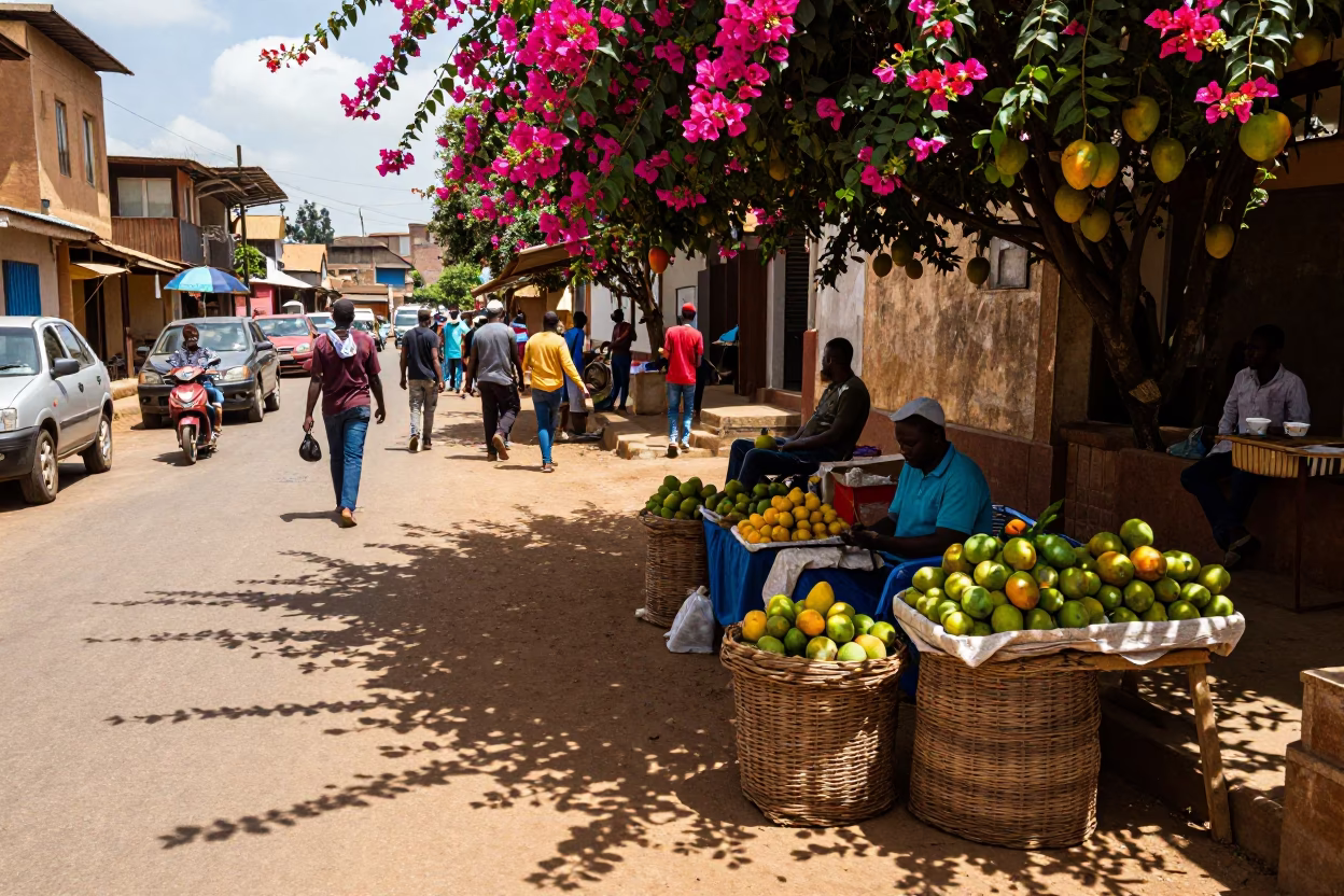 Busy Nairobi Street Scene Midday with Bougainvillea and Mangoes in Kenya in in Nairobi, Kenya