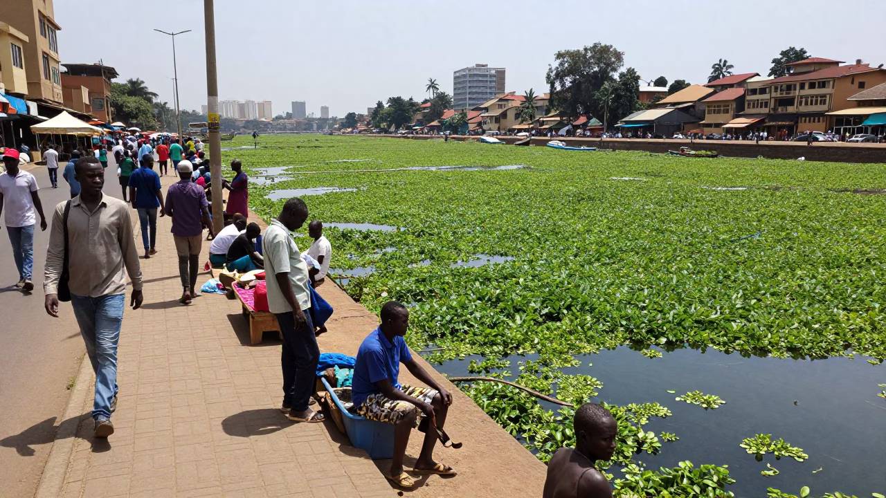 Busy Nairobi Street Scene Midday with Water Hyacinth Choking Tropical Waterway and Urban Activity in in Nairobi, Kenya