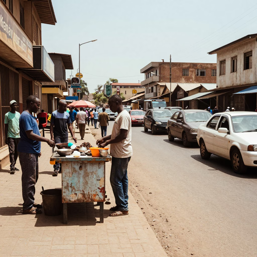 Busy Nairobi Street Scene Under Flat Noon Light with Local Commerce and Beaded Sandals in in Nairobi, Kenya