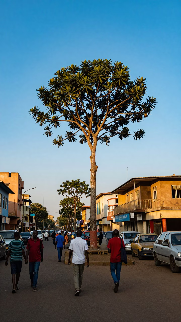 Busy Nairobi Street Scene with Euphorbia Candelabra Tree and Blue Sky in in Nairobi, Kenya