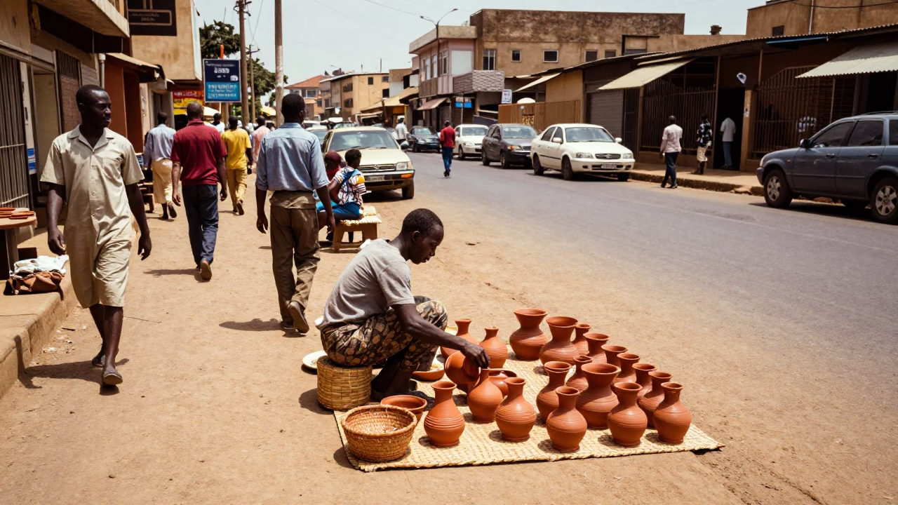 Busy Nairobi street scene with vendor and traditional pottery in midday sun in in Nairobi, Kenya