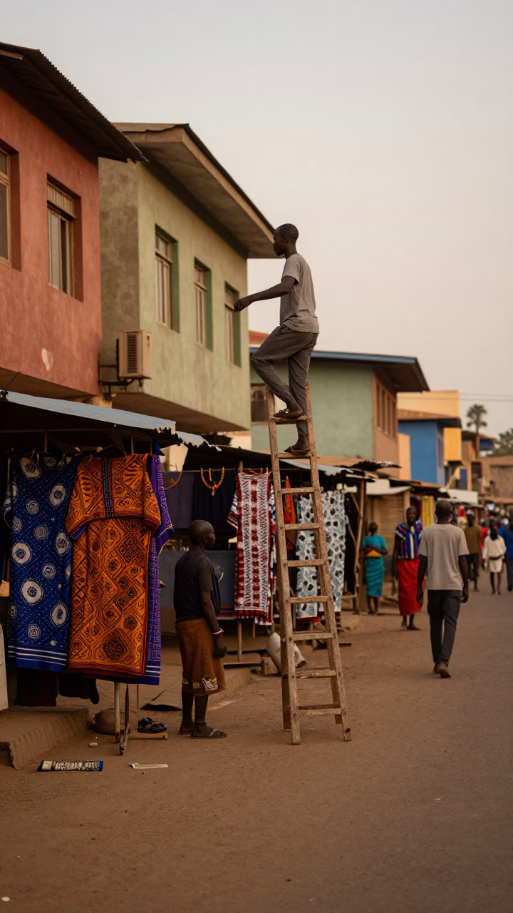 Busy Nairobi street scene with wooden ladder and evening light in in Nairobi, Kenya