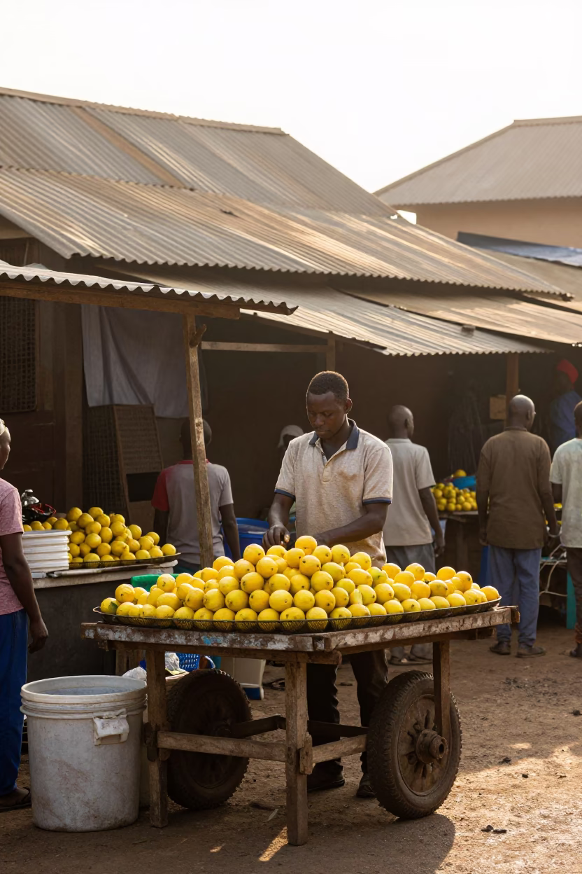 Busy Nairobi Street Stall at Sunrise with Fresh Lemons and Local Market Activity in in Nairobi, Kenya