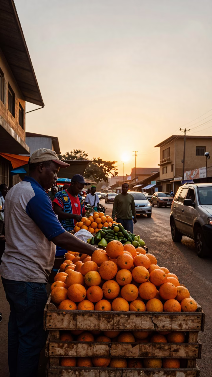 Busy Nairobi Street Stall at Sunset with Oranges and Local Commerce in in Nairobi, Kenya