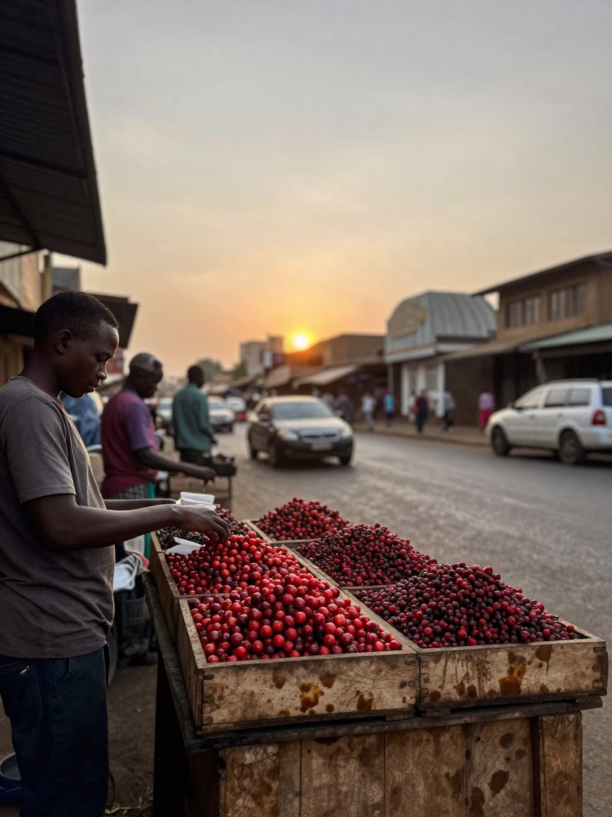 Busy Nairobi Street Stall at Sunset with Tea Stains and Berry Seller in in Nairobi, Kenya