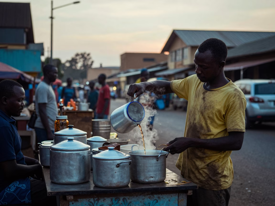Busy Nairobi Street Stall Before Sunrise with Enamel Pitcher and Steel Cup in in Nairobi, Kenya