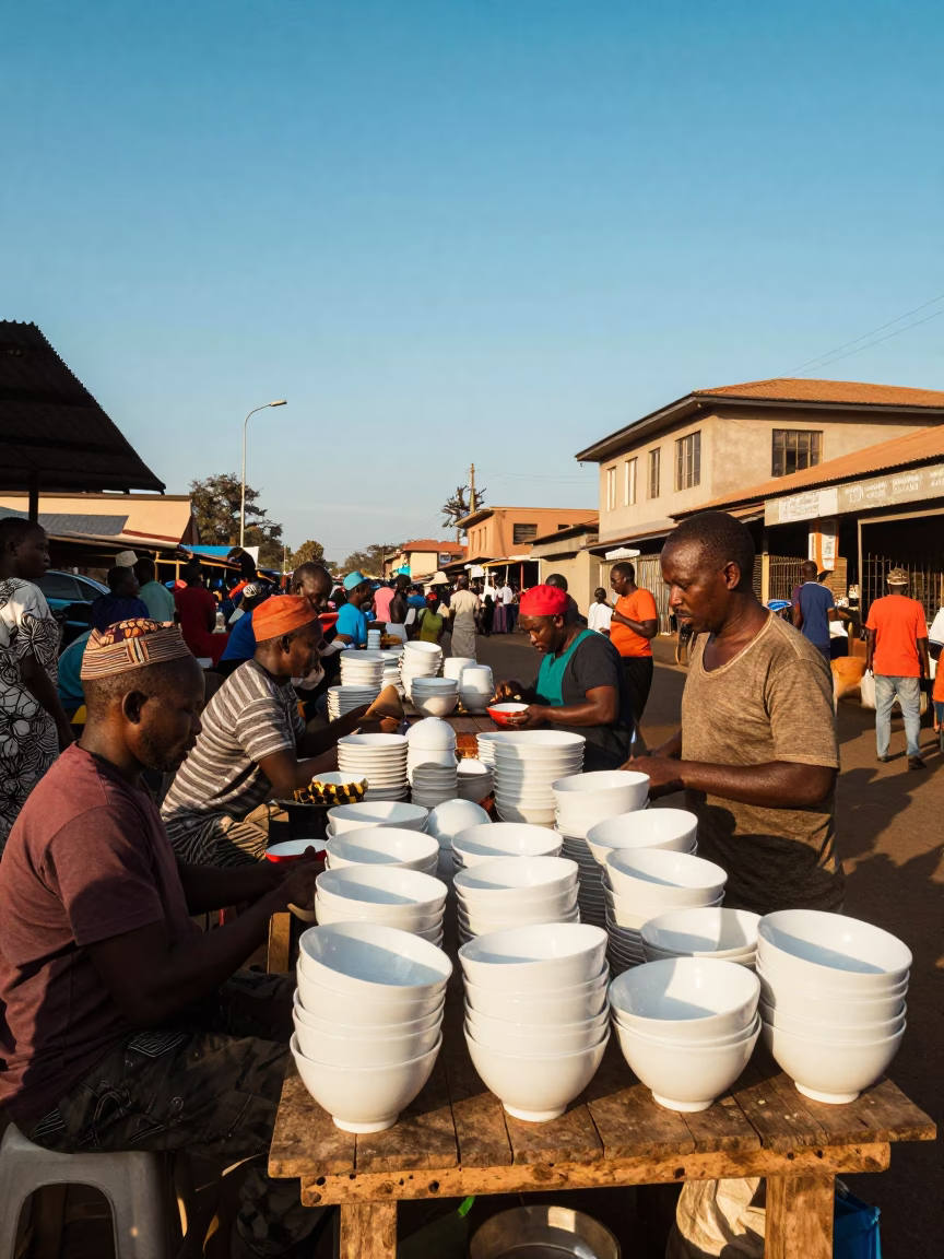 Busy Nairobi Street Stall Late Afternoon with Blue White Porcelain and Charm Bracelet in in Nairobi, Kenya