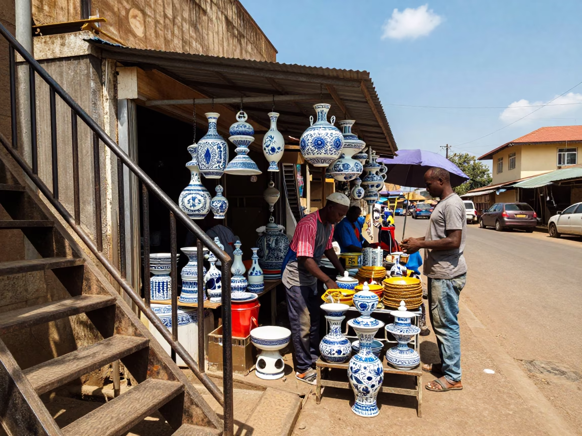 Busy Nairobi Street Stall with Stair Rail and Porcelain Plate Under Noon Sun in in Nairobi, Kenya