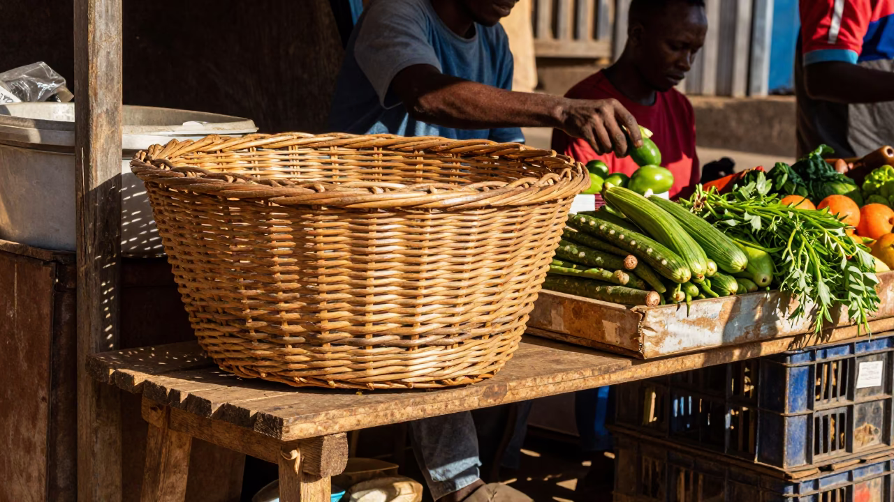 Busy Nairobi Street Stall with Wicker Shadows and Crate in Late Afternoon Light in in Nairobi, Kenya