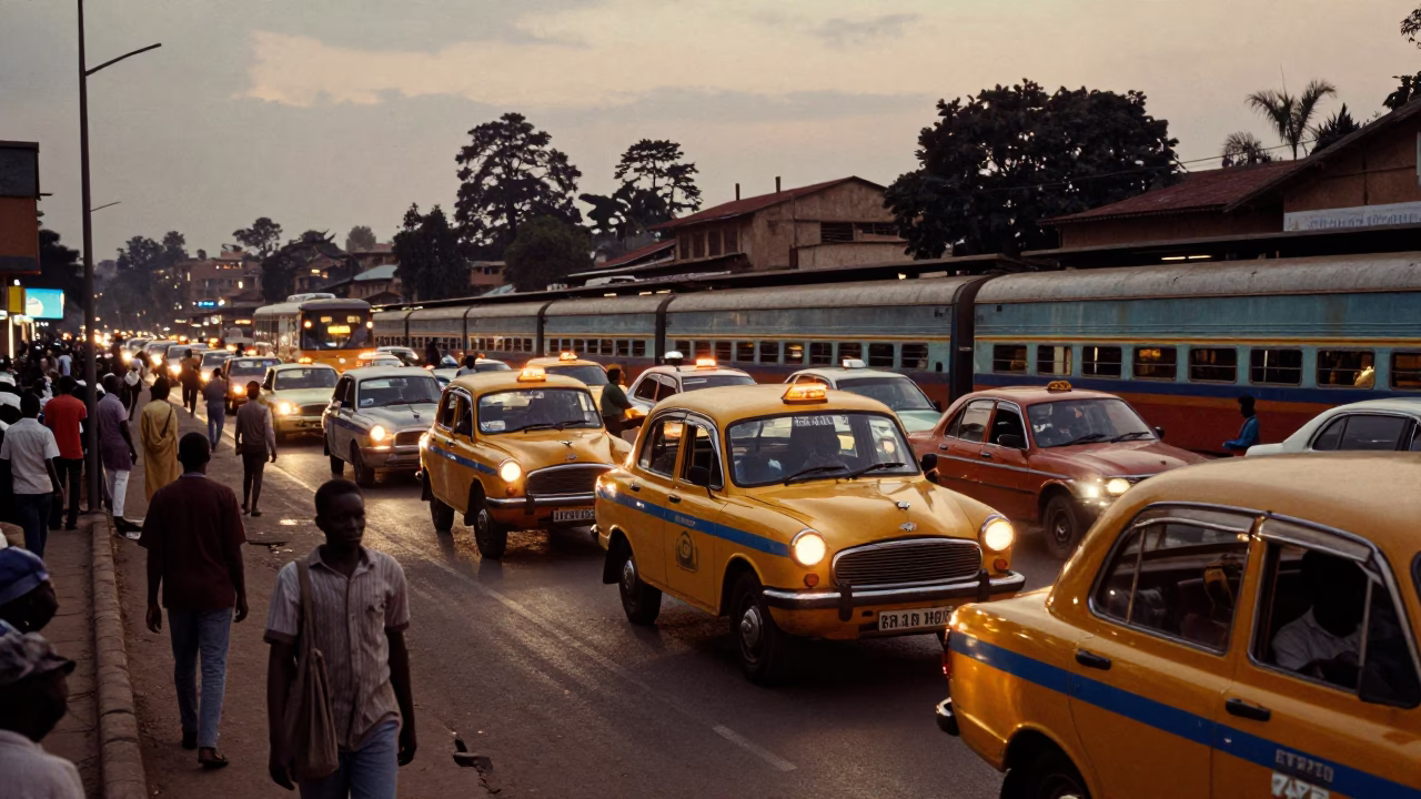 Busy Nairobi Taxi Rank at Twilight with Matatus and Clay Pots in in Nairobi, Kenya