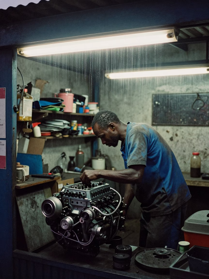 Busy Nairobi Workshop Interior Early Evening with Condensation on Sill and Wrench on Workbench in in Nairobi, Kenya