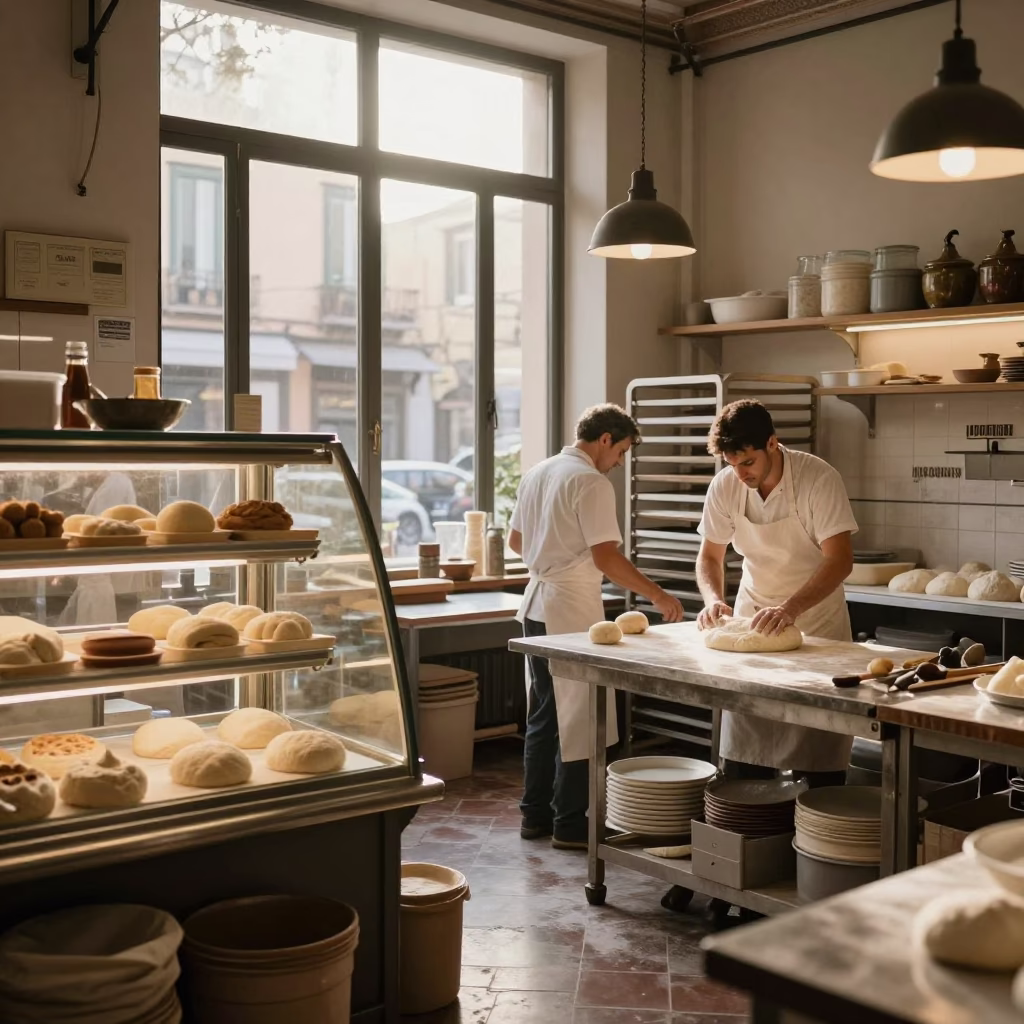 Busy Naples Bakery Interior at Dawn with Baker and Mixing Bowls in in Naples, Italy
