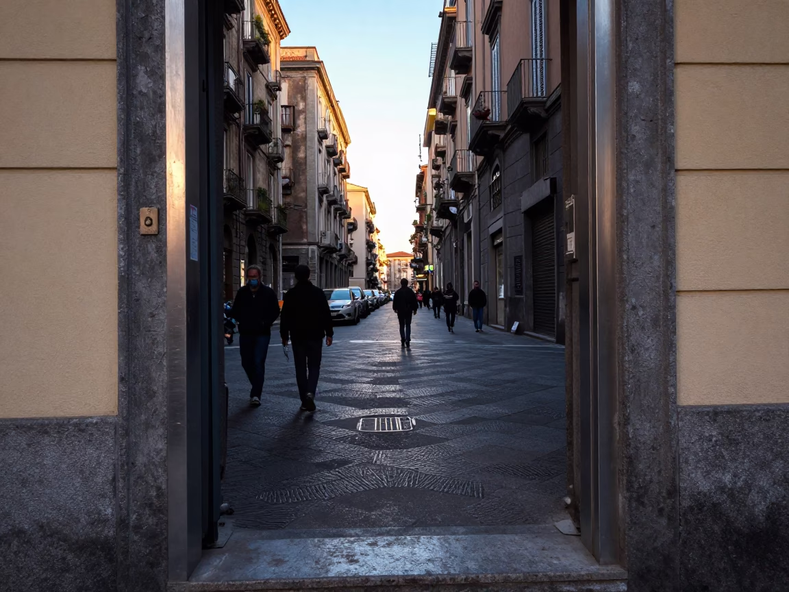 Busy Naples Early Morning Street Scene with Brushed Steel Doorframe and Latch in in Naples, Italy