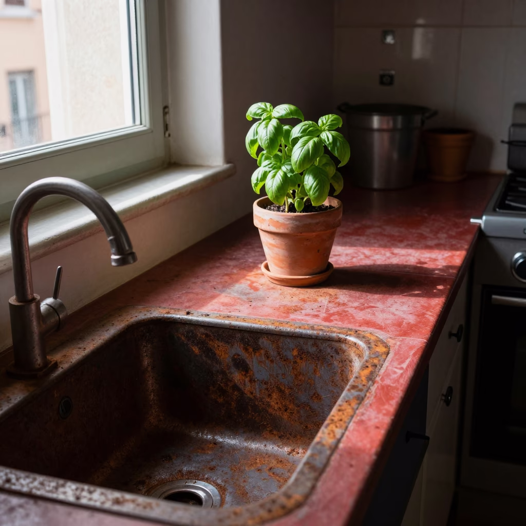 Busy Naples Italy Kitchen Counter with Rust and Terracotta Pot in Early Afternoon Light in in Naples, Italy