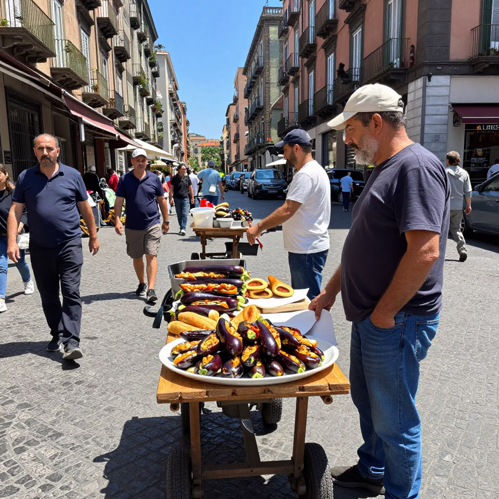 Busy Naples Italy Midday Street Scene with Local Vendor and Tourists in in Naples, Italy