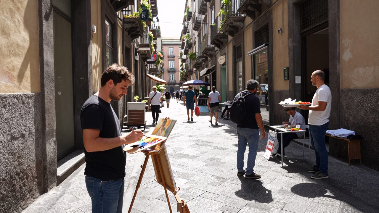 Busy Naples Italy Midday Street Scene with Painter and Local Food in in Naples, Italy