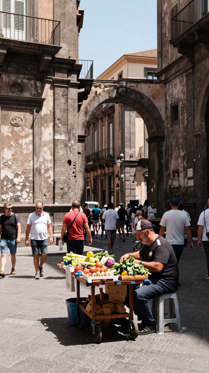 Busy Naples Italy Midday Street Scene with Stone Architecture and Local Activity in in Naples, Italy