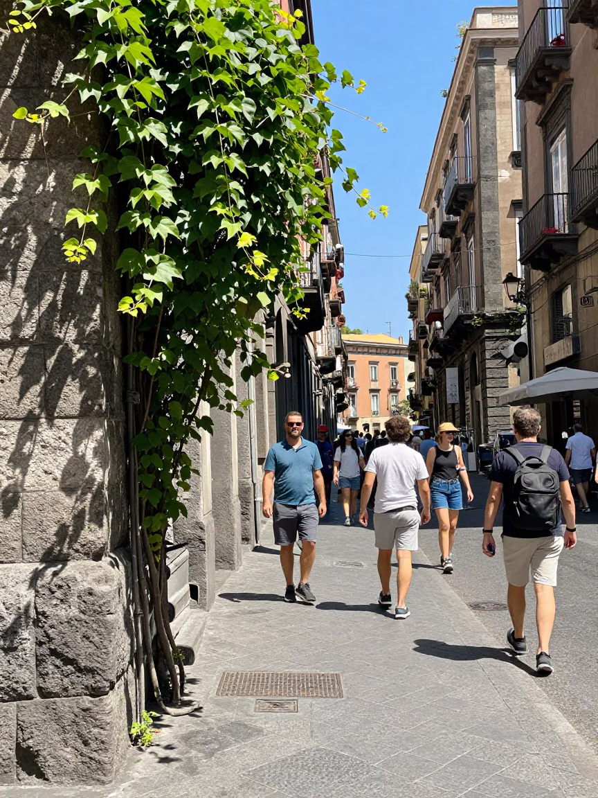 Busy Naples Italy Midday Street Scene with Stone Walls and Local Life in in Naples, Italy