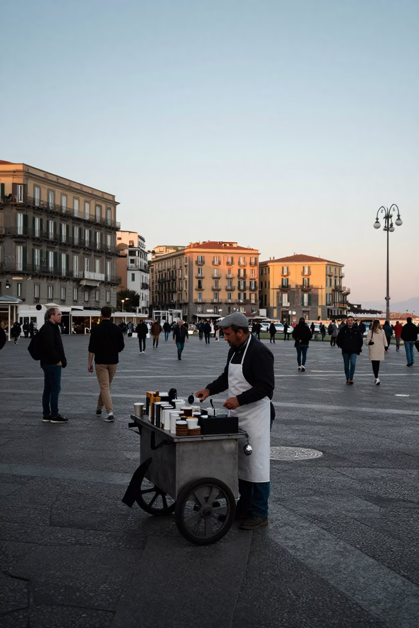 Busy Naples Italy Street Scene at Nautical Dawn with Coffee Cup and Local Life in in Naples, Italy