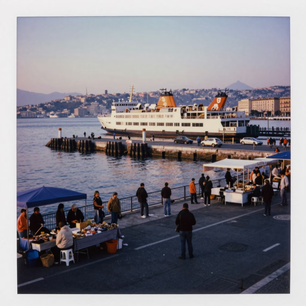 Busy Naples Italy Street Scene at Nautical Dawn with Ferry Piling System in in Naples, Italy