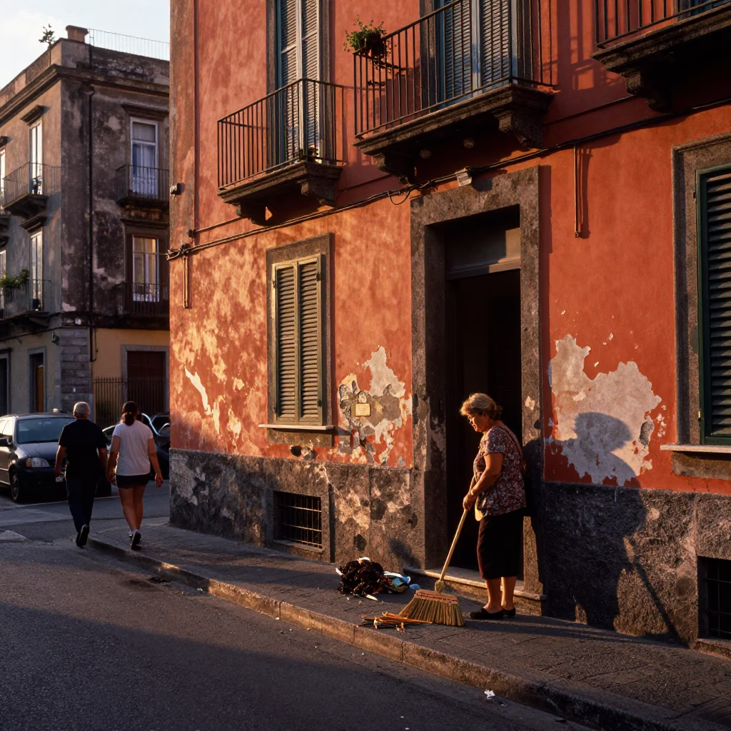 Busy Naples Italy Street Scene at Sunset with Hand Broom and Local Life in in Naples, Italy