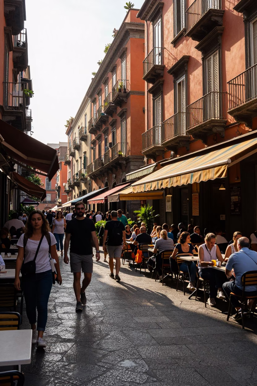 Busy Naples Italy street scene early afternoon with colorful awnings and pedestrians in in Naples, Italy