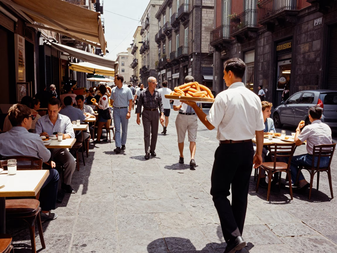 Busy Naples Italy Street Scene Midday with Churros and Local Life in in Naples, Italy