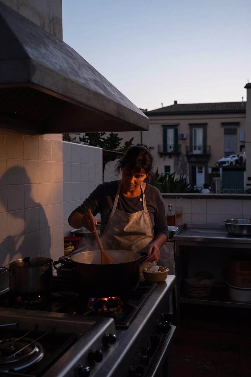 Busy Naples Kitchen Before Dawn with Wooden Spoon and Dish Towel in in Naples, Italy