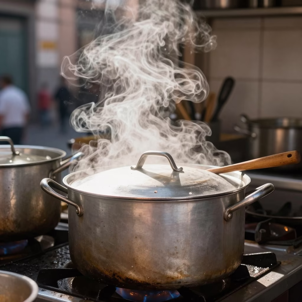 Busy Naples Kitchen Scene with Cooking Pot and Utensils Late Morning Light in in Naples, Italy