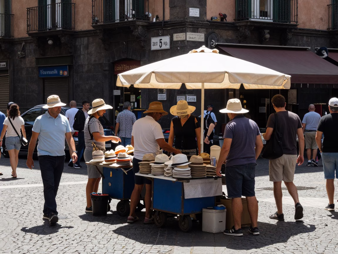 Busy Naples Street Corner Afternoon with Sun Hats and Rolling Carts in in Naples, Italy