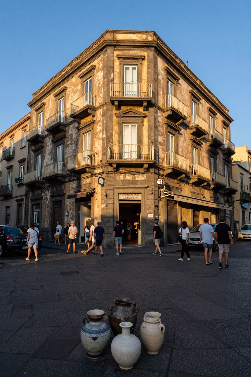 Busy Naples Street Corner Late Afternoon Stoneware and Local Life in in Naples, Italy