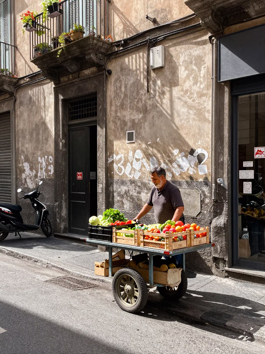 Busy Naples Street Corner With Rolling Carts And Worn Varnish Details in in Naples, Italy