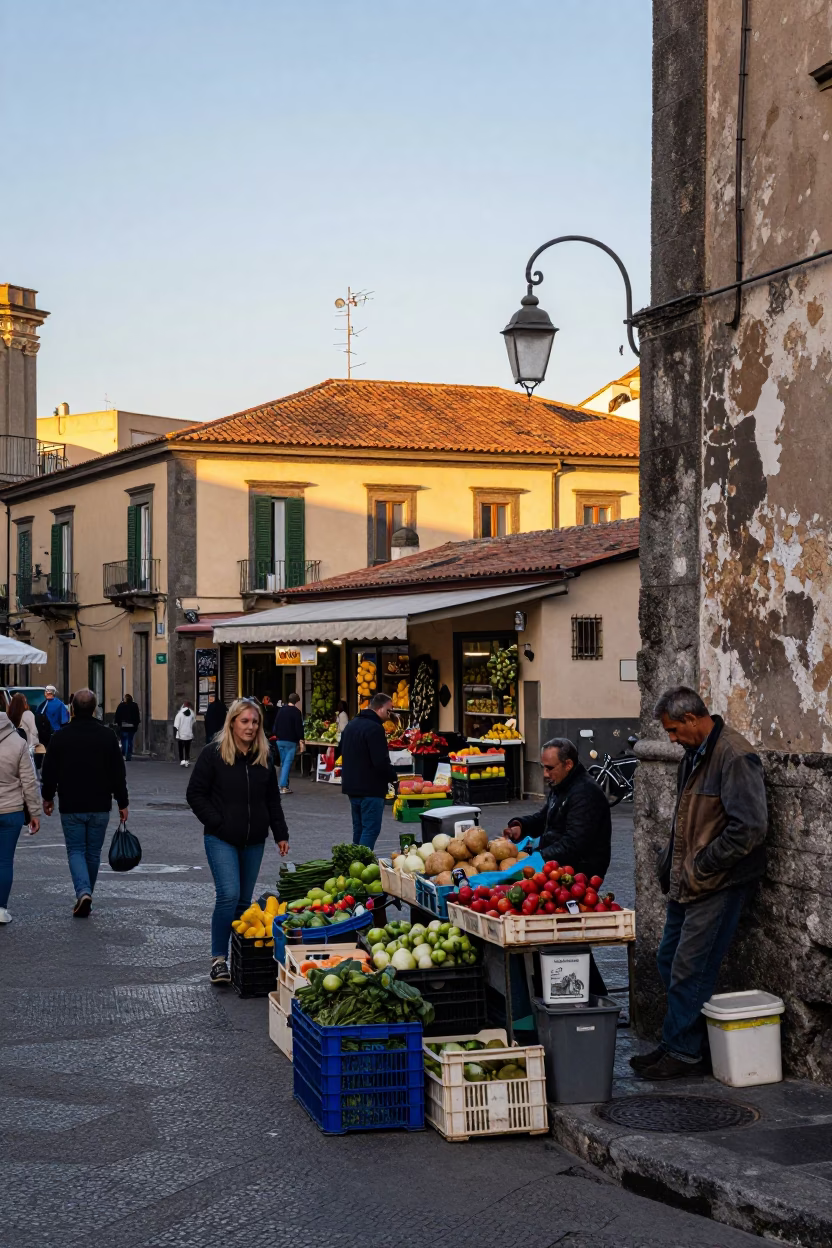 Busy Naples Street Scene at First Light with Local Market Activity and Harbor View in in Naples, Italy