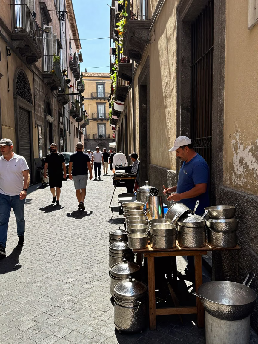 Busy Naples Street Scene at Midday with Hammered Metal and Local Interaction in in Naples, Italy