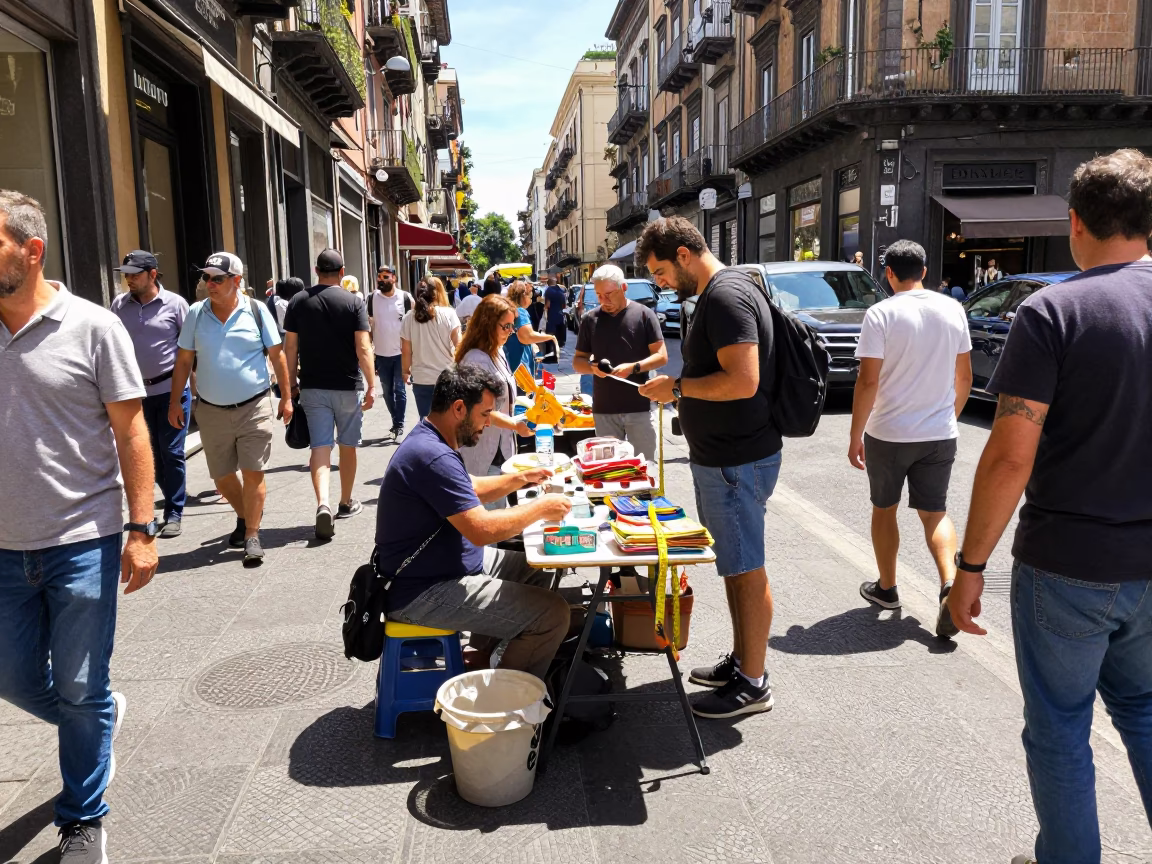 Busy Naples Street Scene at Noon with Measuring Tapes and Local Commerce in in Naples, Italy