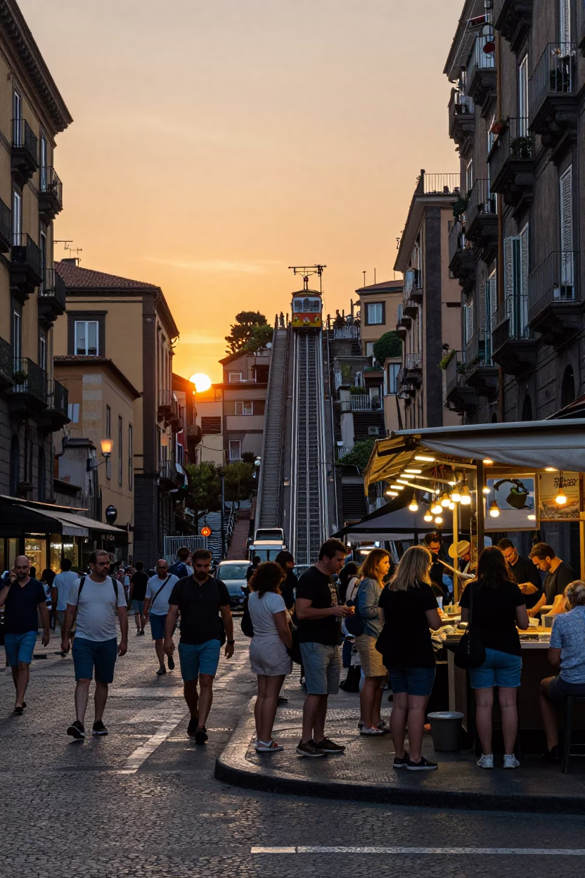 Busy Naples street scene at sunset with funicular ascending hillside and street vendors in in Naples, Italy