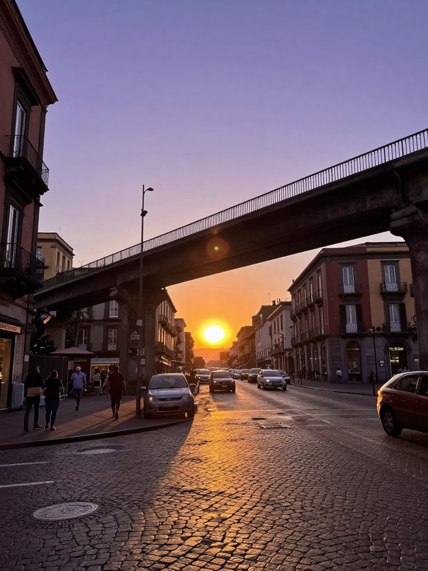 Busy Naples Street Scene at Sunset with Overpass and Local Life in in Naples, Italy