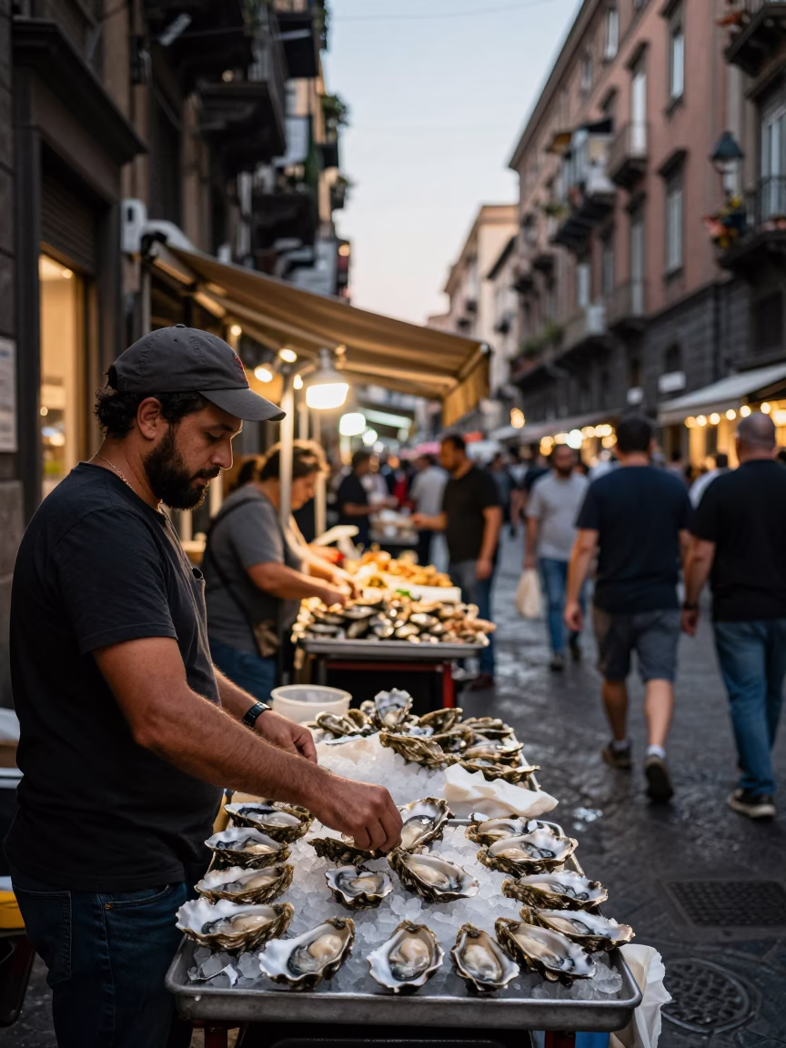 Busy Naples Street Scene Early Evening with Local Artisans and Street Food Vendors in in Naples, Italy