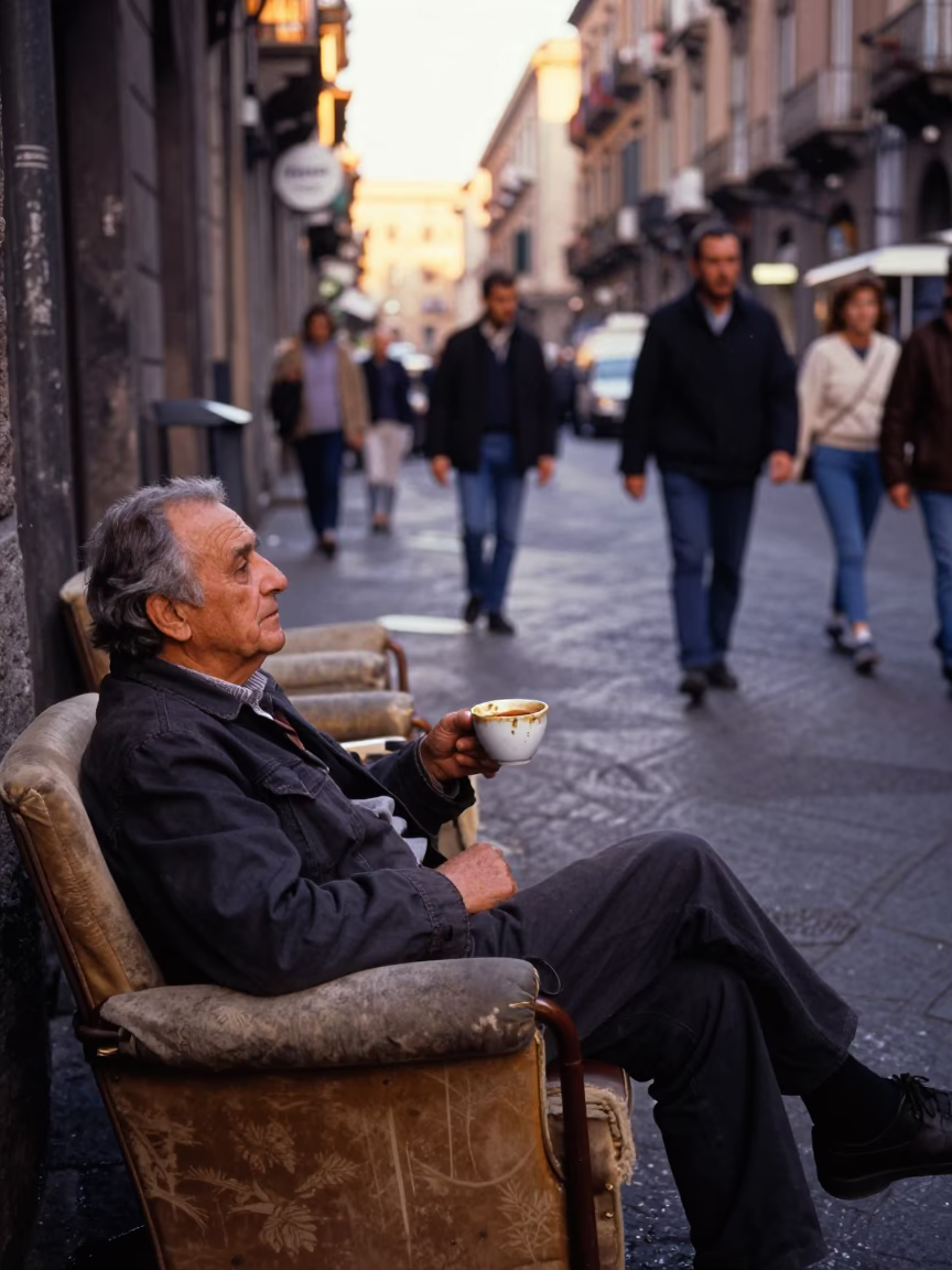 Busy Naples Street Scene Golden Hour with Armchairs and Ceramic Cup in in Naples, Italy