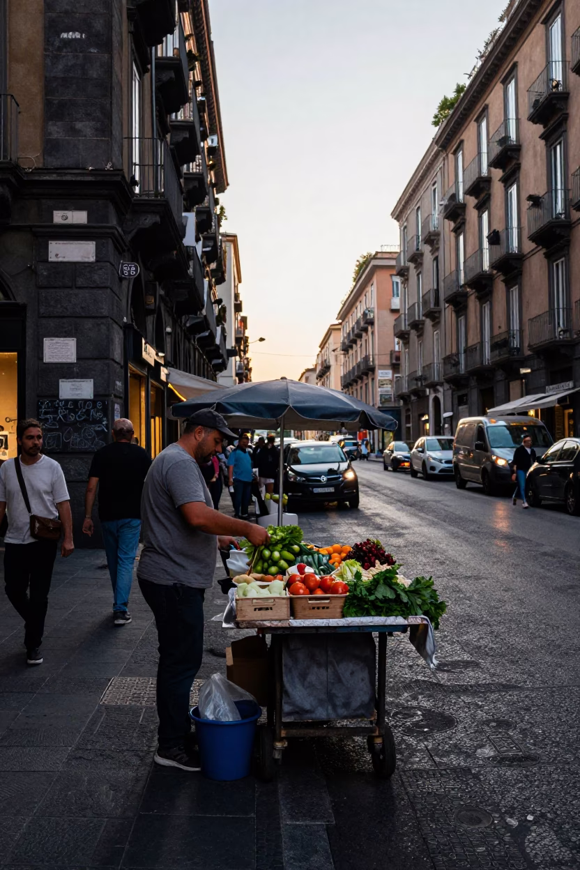 Busy Naples Street Scene Late Afternoon with Vendors and Local Life in in Naples, Italy