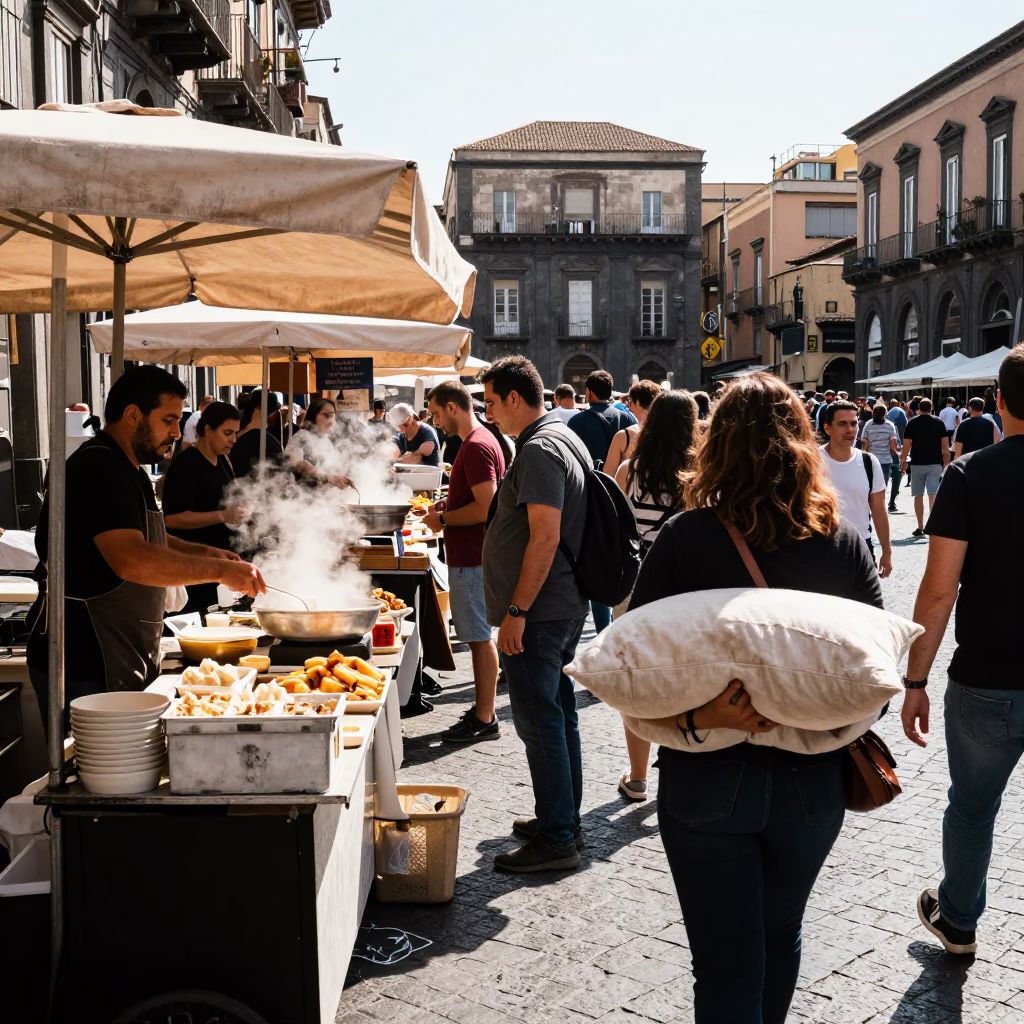 Busy Naples Street Scene Midday with Local Food and Daily Life in in Naples, Italy