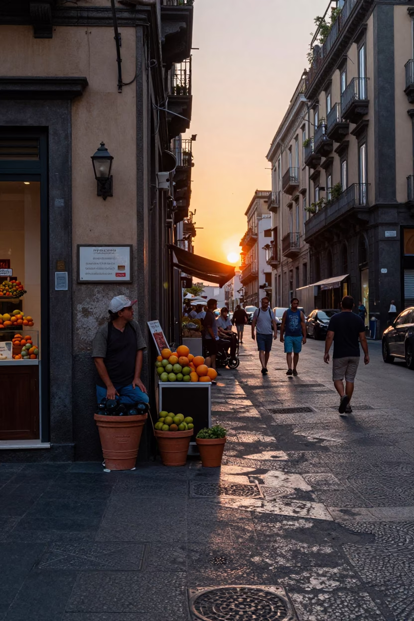 Busy Naples Street Scene with Terracotta Pots and Fruit at Sunset in in Naples, Italy