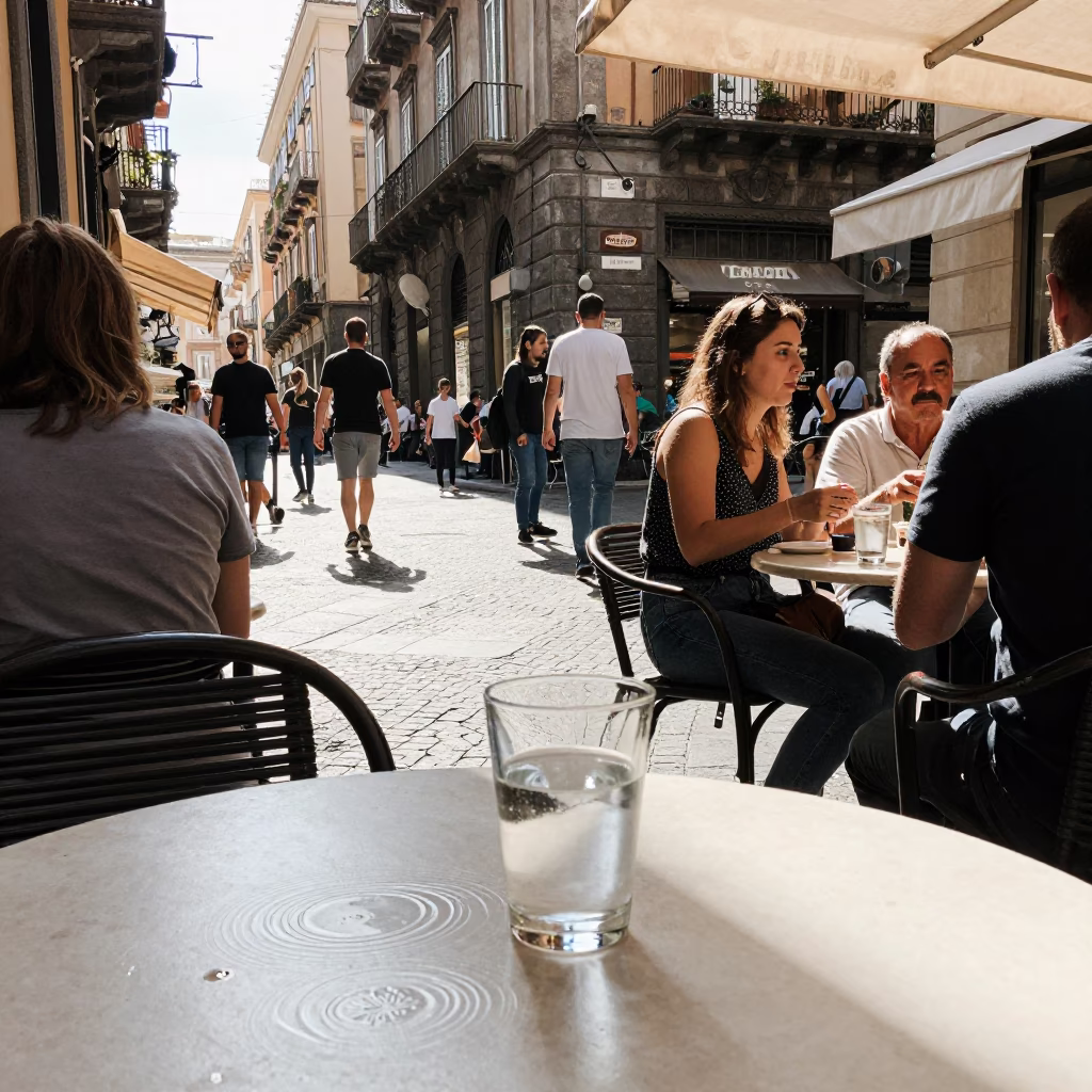 Busy Naples Street Scene with Water Rings on Countertop in Bright Midmorning Light in in Naples, Italy