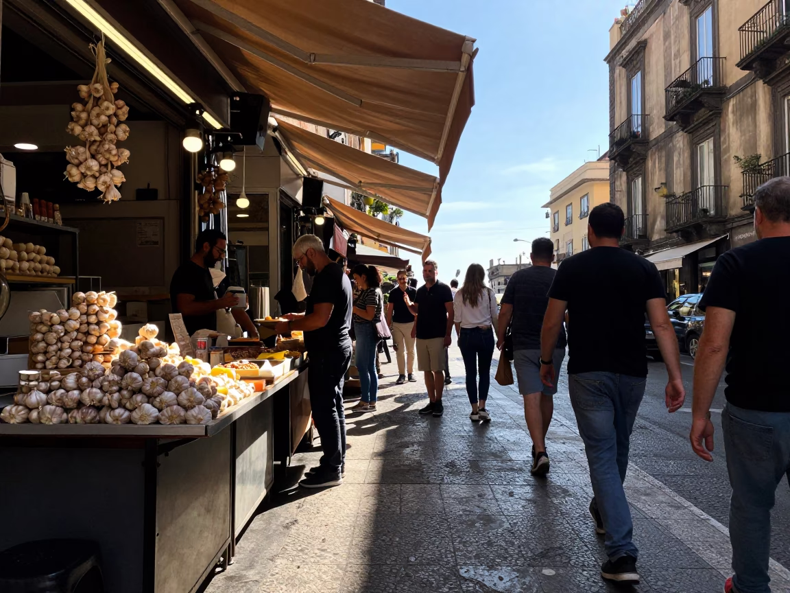 Busy Naples Street Stall Afternoon With Sunlight And Garlic in in Naples, Italy
