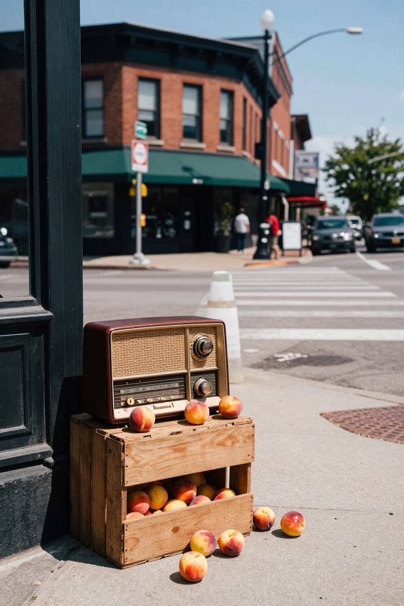 Busy Nashville Street Corner with Nectarines and Vintage Radio Under Noon Sun in in Nashville, Tennessee, United States