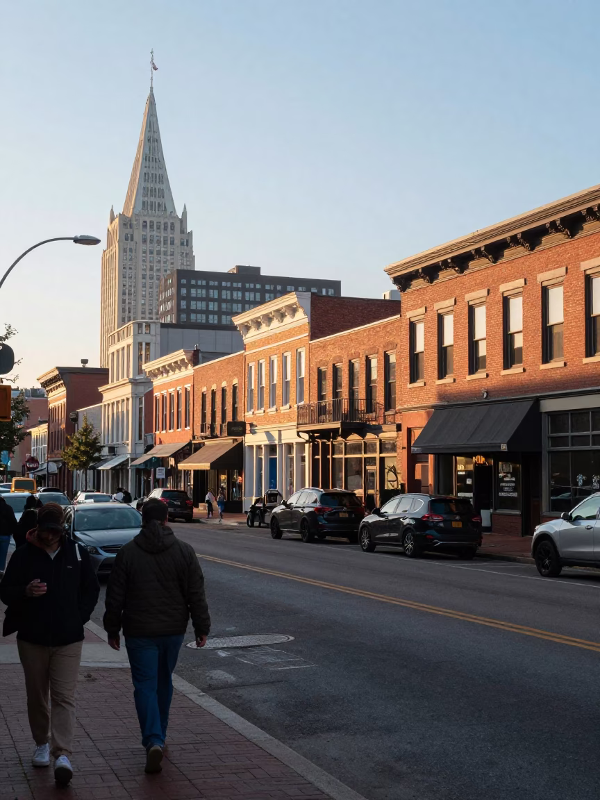 Busy Nashville Street Scene After Sunrise with Local Shop Details in in Nashville, Tennessee, United States