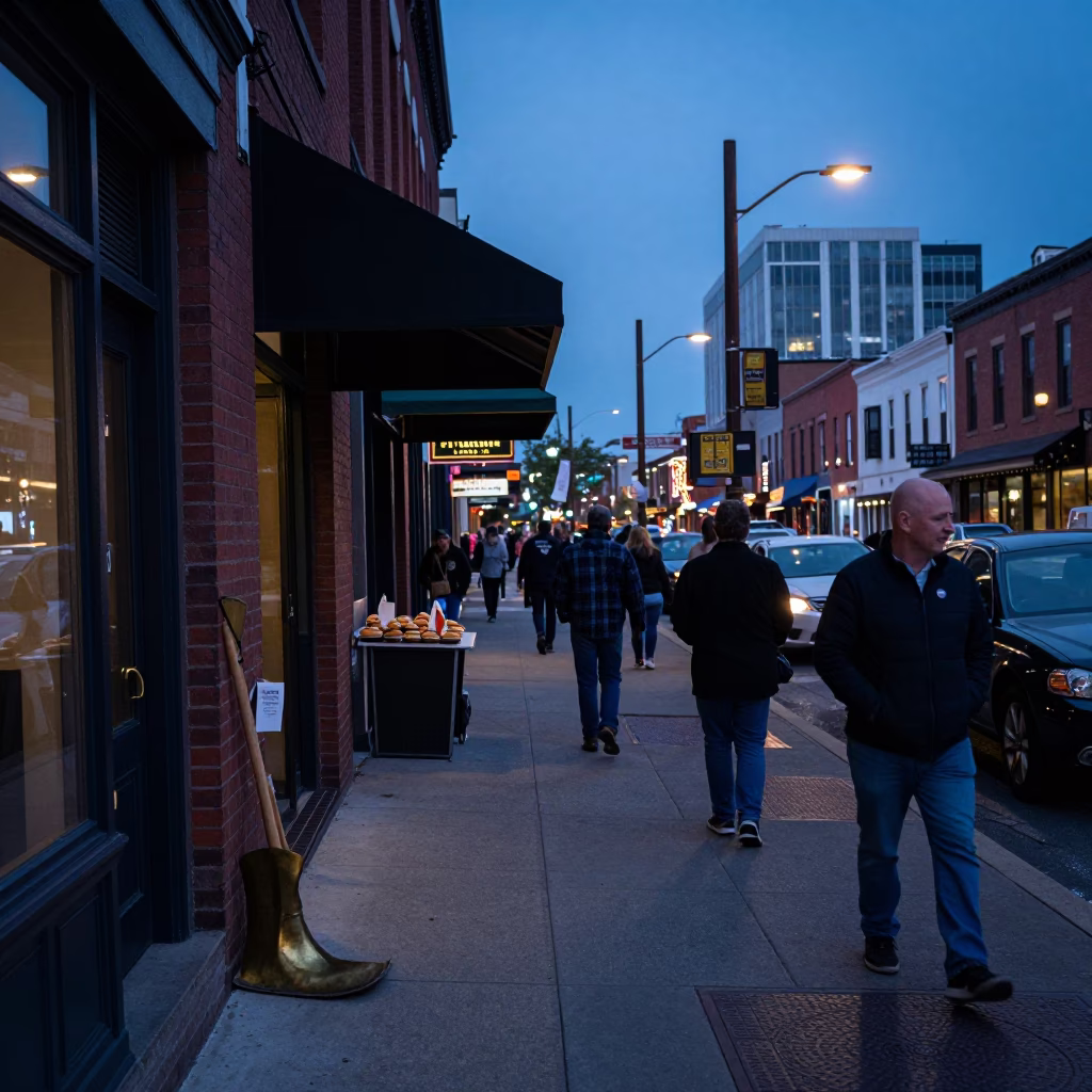 Busy Nashville Street Scene at Blue Hour with Boot Scraper and Beignets in in Nashville, Tennessee, United States