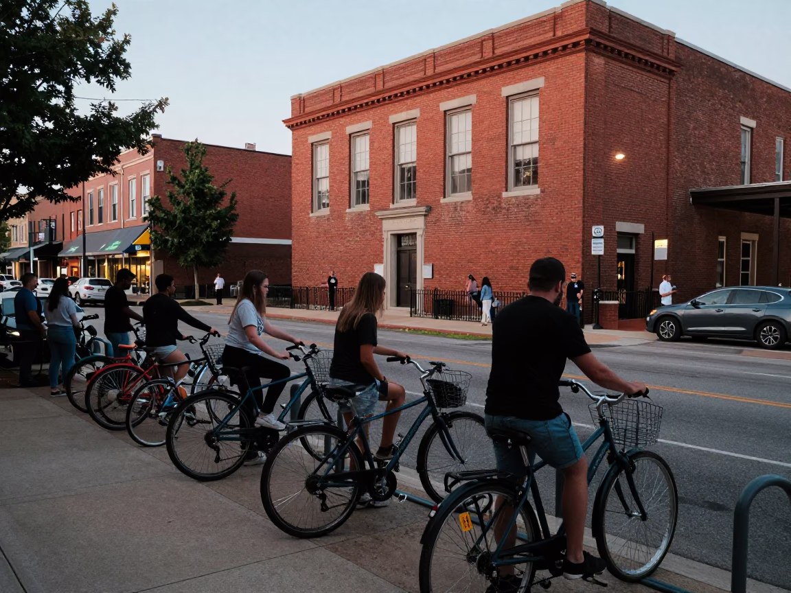 Busy Nashville Street Scene Early Evening Red Brick Lecture Building Bicycle Rack in in Nashville, Tennessee, United States