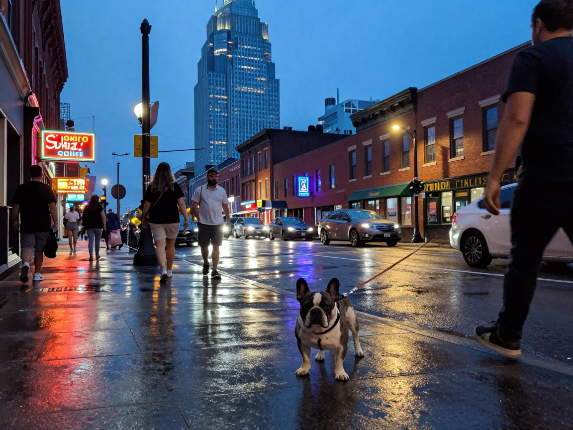 Busy Nashville Tennessee Blue Hour Street Scene with French Bulldog and Urban Life in in Nashville, Tennessee, United States