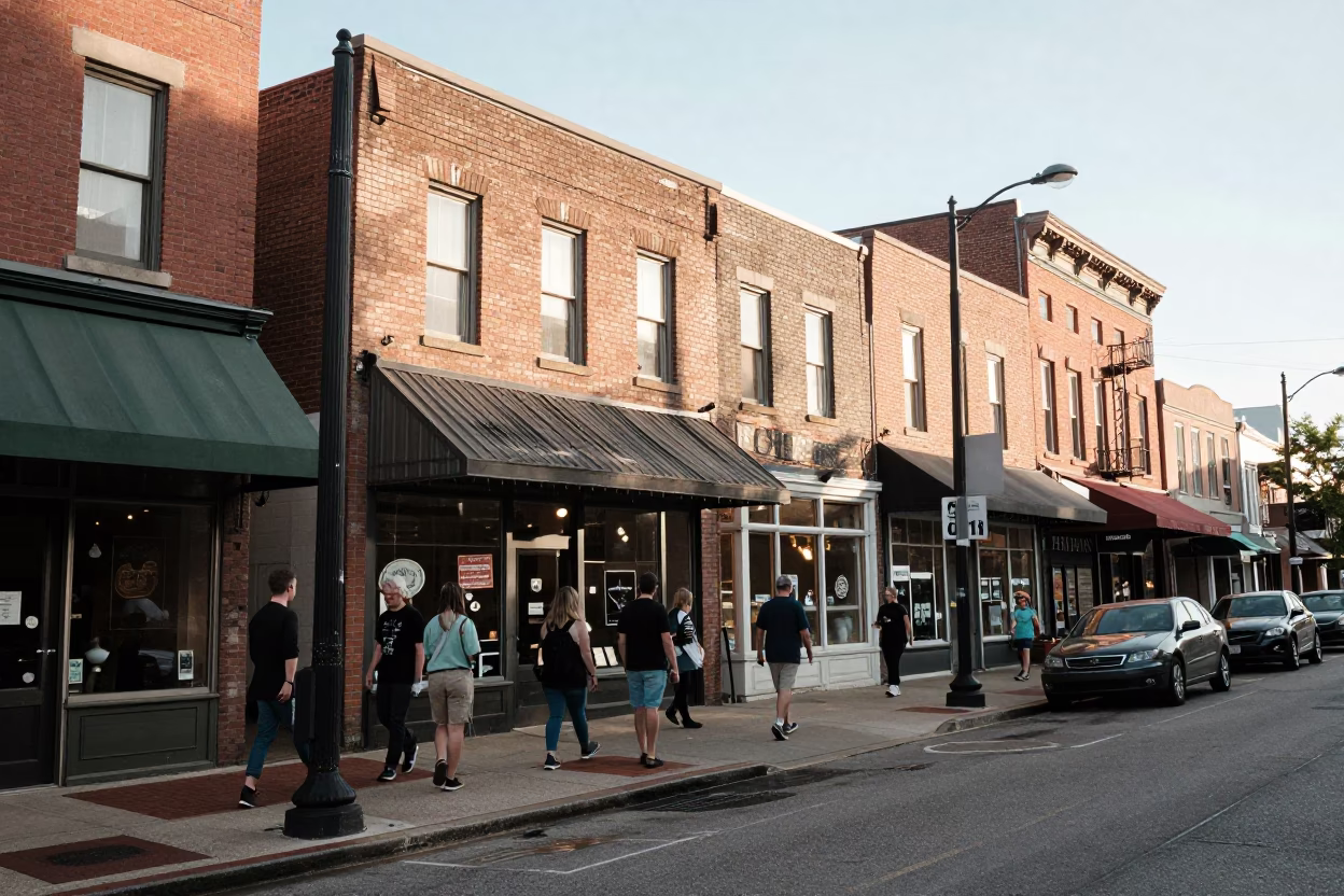 Busy Nashville Tennessee Early Afternoon Street Scene with Local Shop Display and Pedestrians in in Nashville, Tennessee, United States